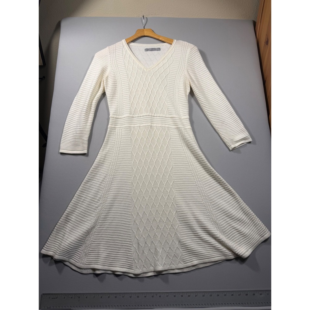 Marc New York Andrew Marc Ivory Knit V-Neck Fit Flare Sweater Dress Off White